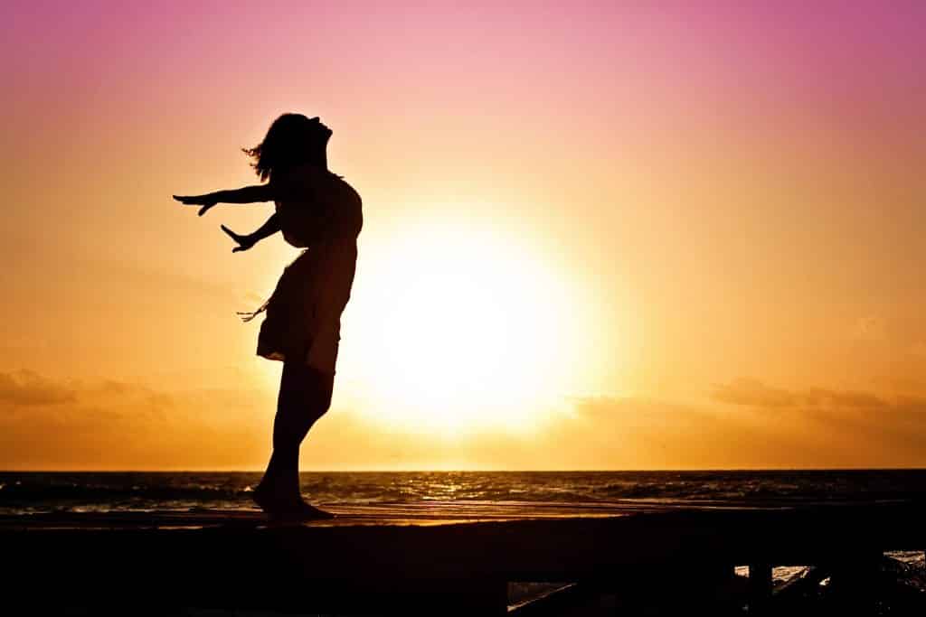 Couché de soleil, femme, silhouette