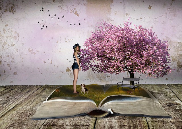 arbre, livre, paysage, femme