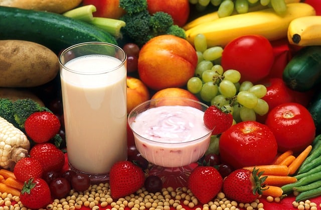 lait, fruits, légumes